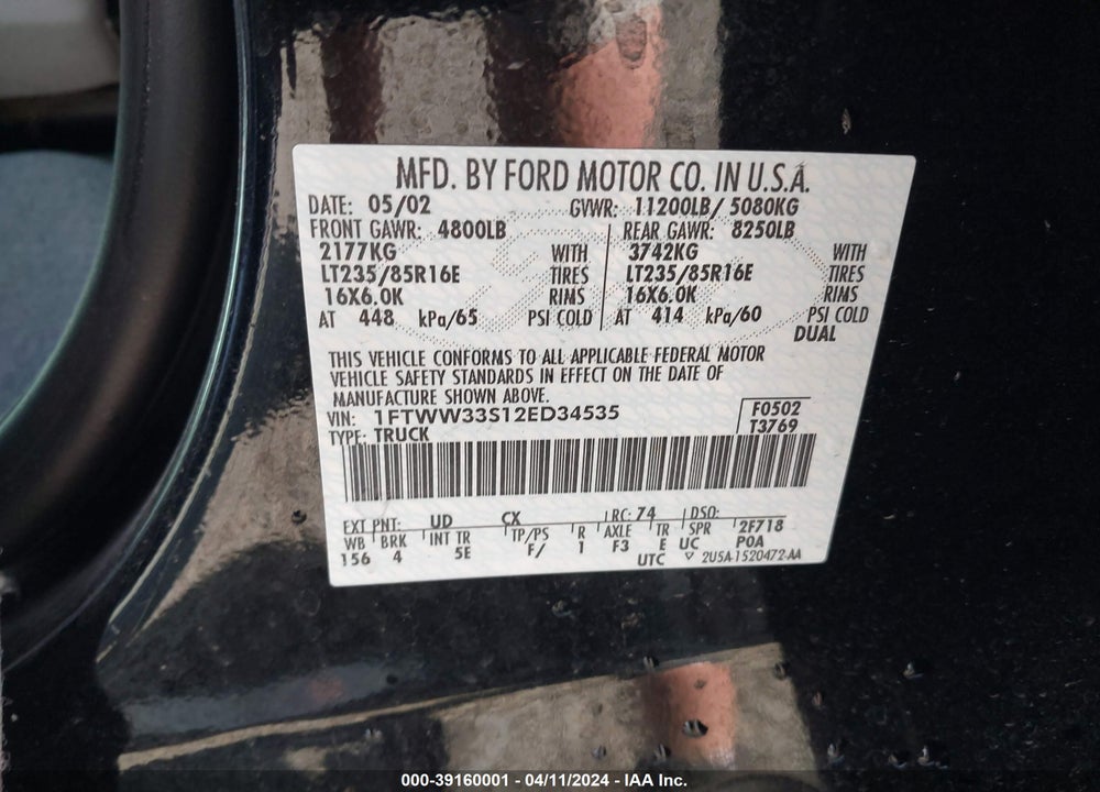 2002 FORD SUPER DUTY F-350 DRW LARIAT/XL/XLT VIN: 1FTWW33S12ED34535
