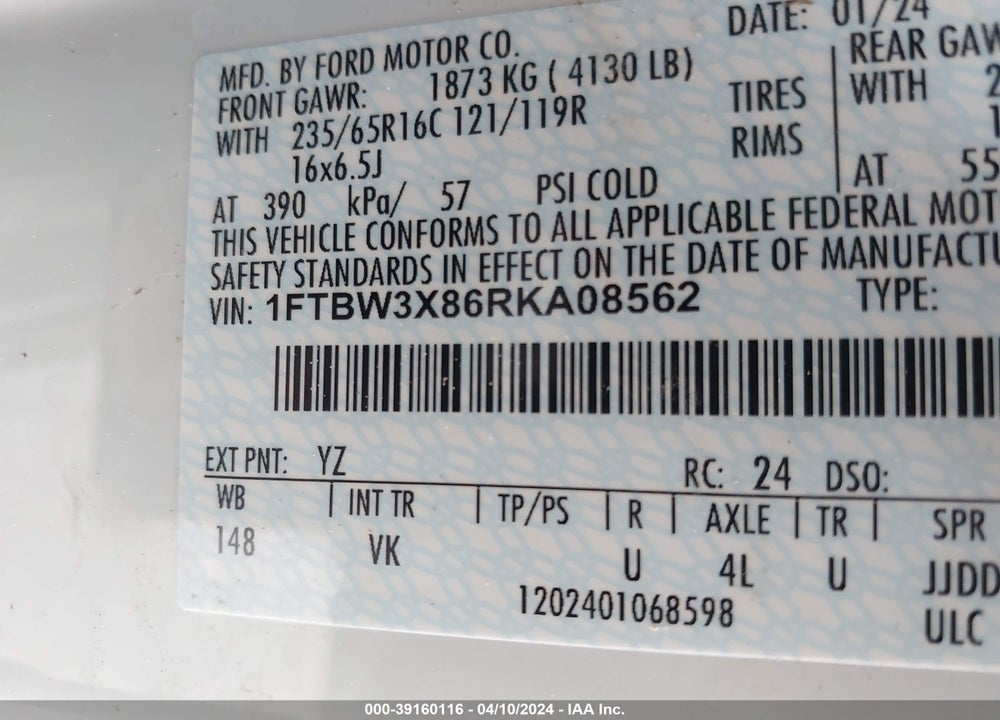 2024 FORD TRANSIT-350 CARGO VAN VIN: 1FTBW3X86RKA08562