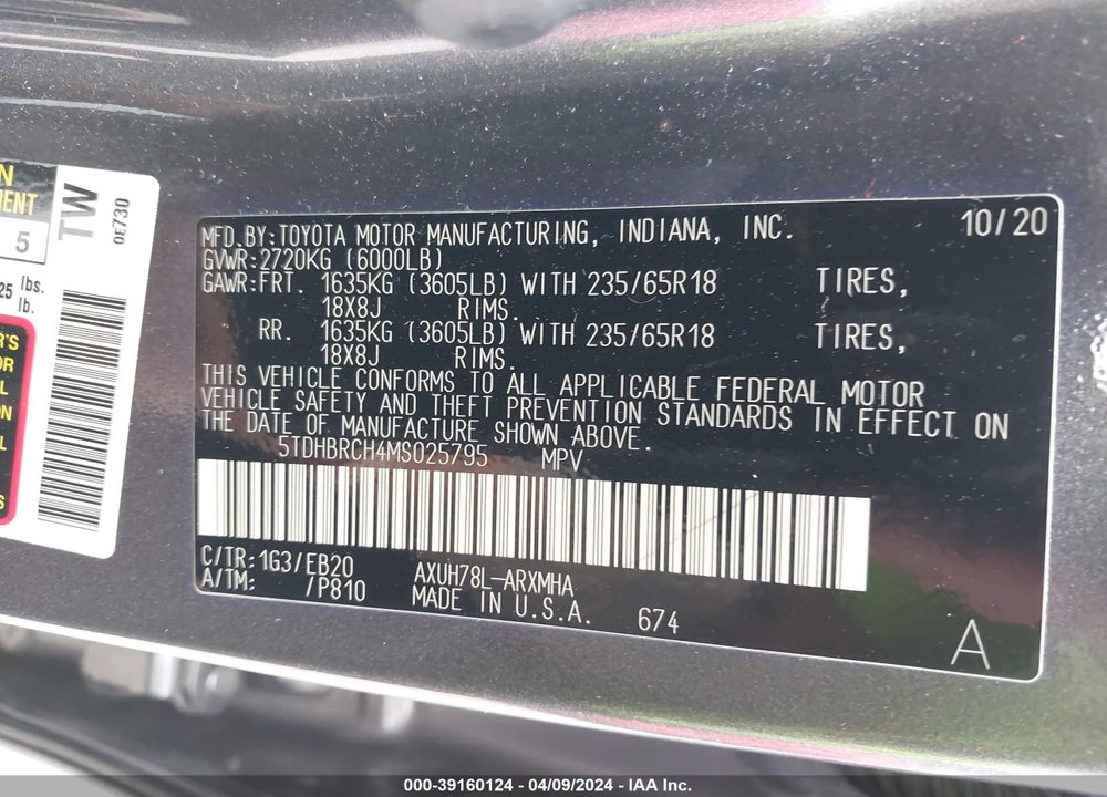 2021 TOYOTA HIGHLANDER HYBRID XLE VIN: 5TDHBRCH4MS025795