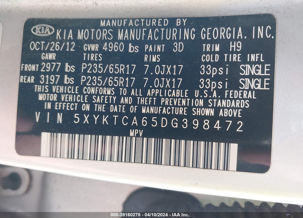 2013 KIA SORENTO LX VIN: 5XYKTCA65DG398472