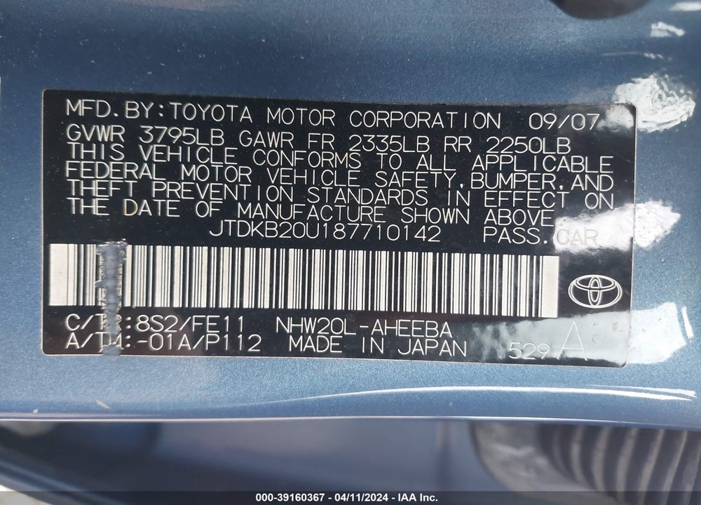 2008 TOYOTA PRIUS VIN: JTDKB20U187710142