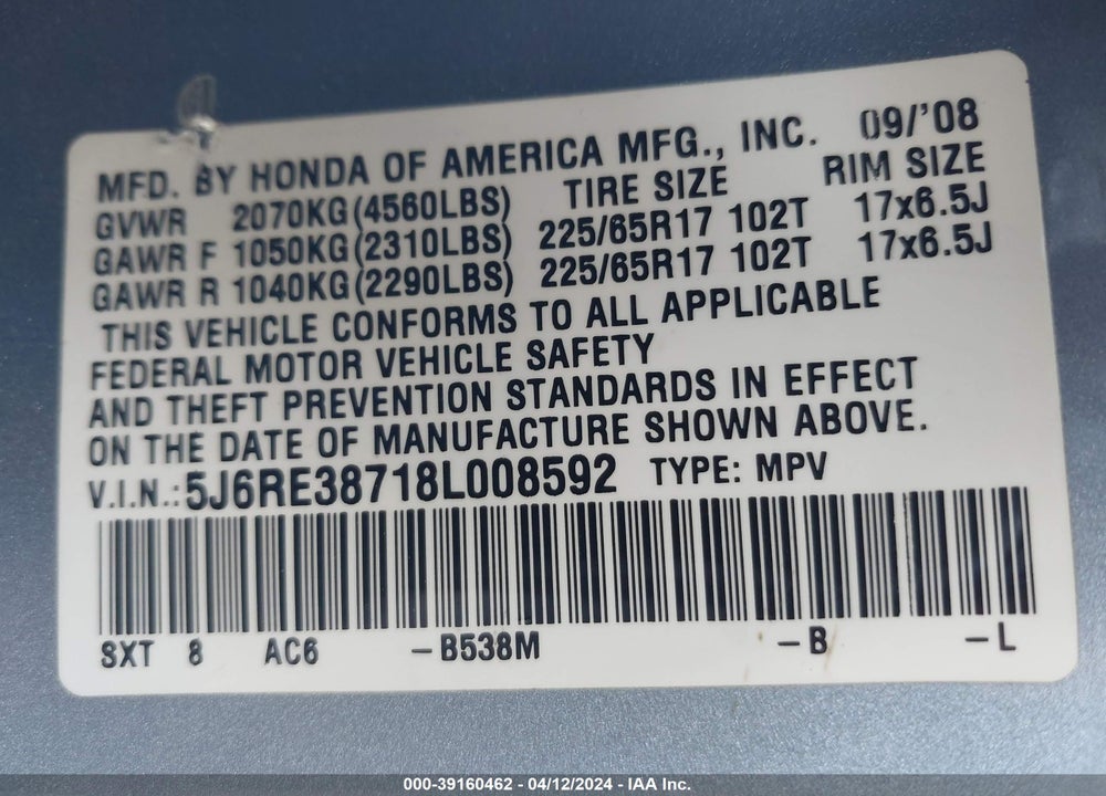 2008 HONDA CR-V EX-L VIN: 5J6RE38718L008592