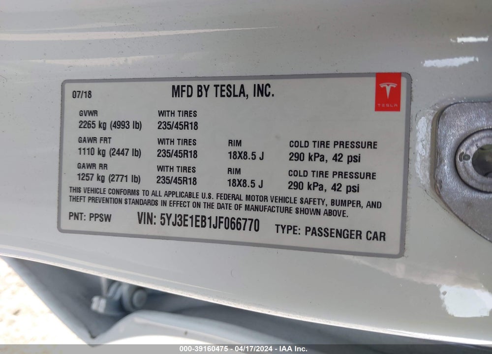 2018 TESLA MODEL 3 LONG RANGE/PERFORMANCE VIN: 5YJ3E1EB1JF066770