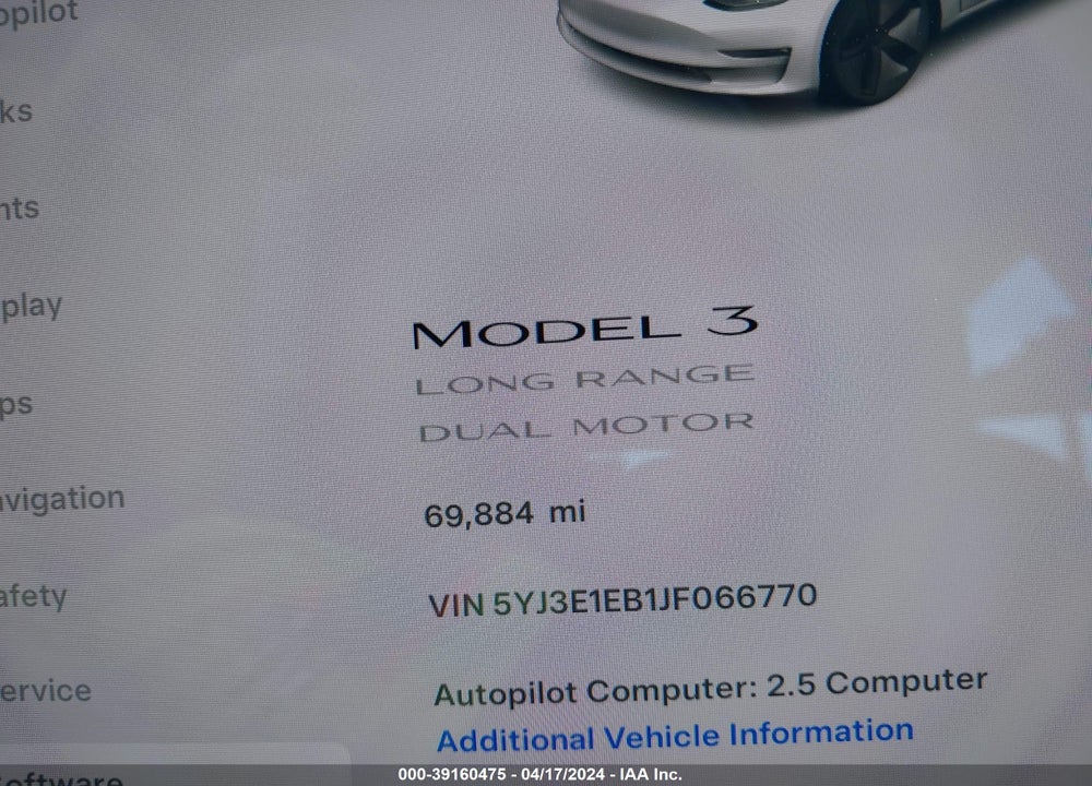 2018 TESLA MODEL 3 LONG RANGE/PERFORMANCE VIN: 5YJ3E1EB1JF066770