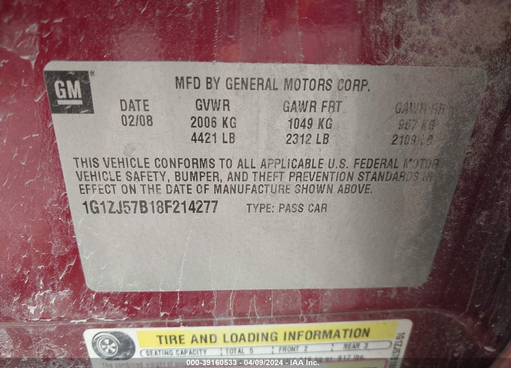 2008 CHEVROLET MALIBU LT VIN: 1G1ZJ57B18F214277