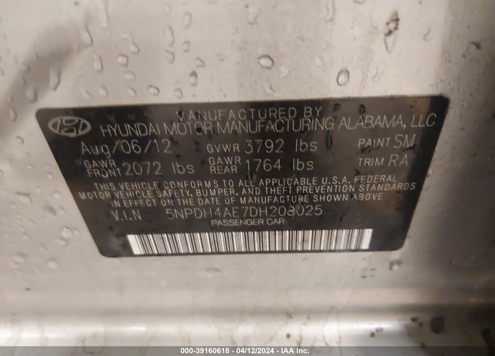 2013 HYUNDAI ELANTRA GLS VIN: 5NPDH4AE7DH208025