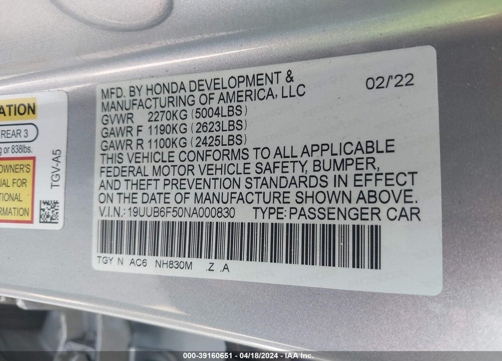 2022 ACURA TLX A-SPEC PACKAGE VIN: 19UUB6F50NA000830