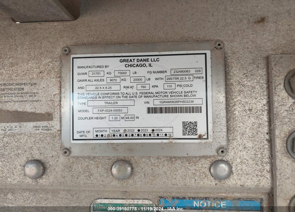 2023 GREAT DANE TRAILER VIN: 1GR4M0626PH502236