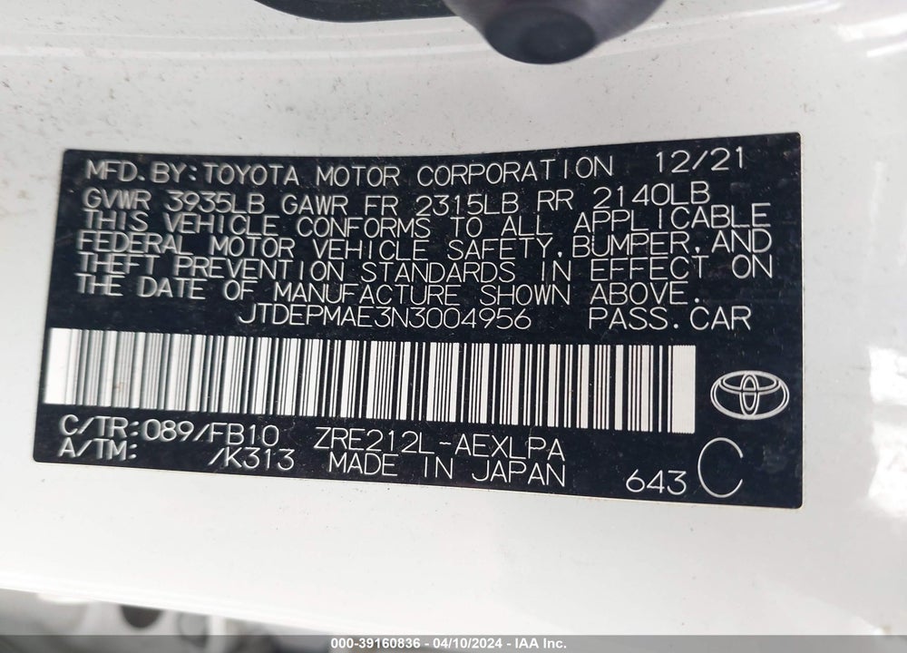 2022 TOYOTA COROLLA LE VIN: JTDEPMAE3N3004956