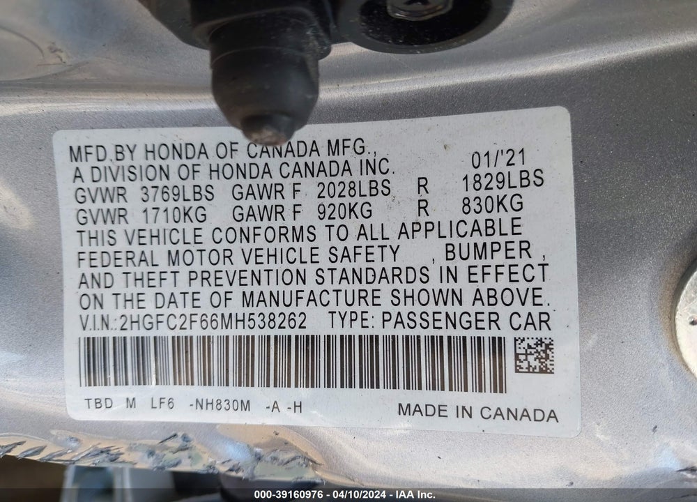 2021 HONDA CIVIC LX VIN: 2HGFC2F66MH538262