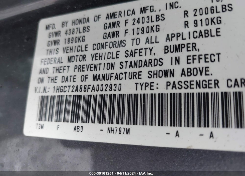 2015 HONDA ACCORD EX-L V-6 VIN: 1HGCT2A88FA002930