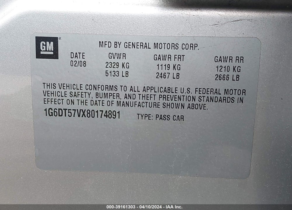 2008 CADILLAC CTS VIN: 1G6DT57VX80174891