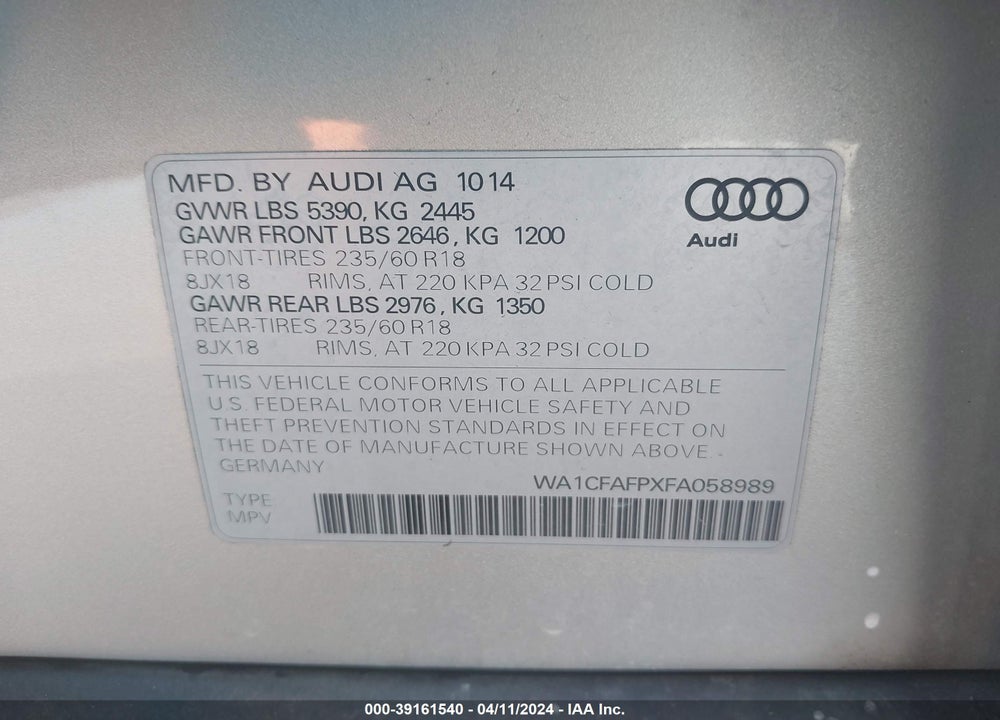 2015 AUDI Q5 2.0T PREMIUM VIN: WA1CFAFPXFA058989
