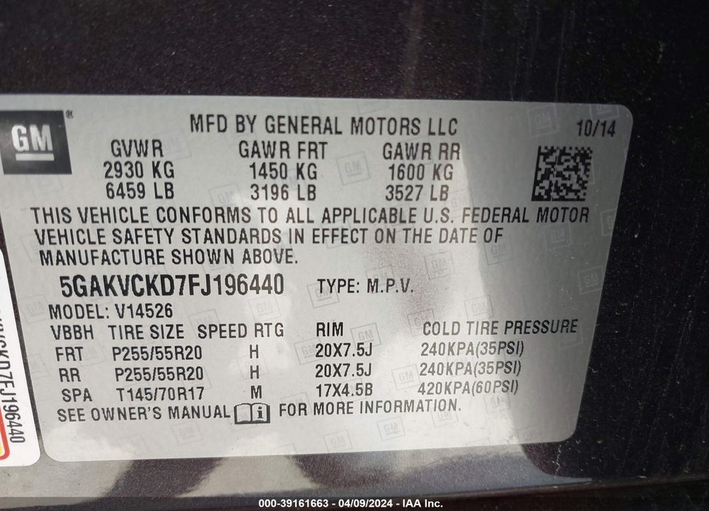 2015 BUICK ENCLAVE PREMIUM VIN: 5GAKVCKD7FJ196440