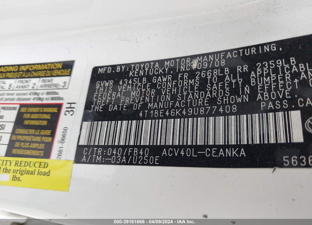 2009 TOYOTA CAMRY VIN: 4T1BE46K49U877408
