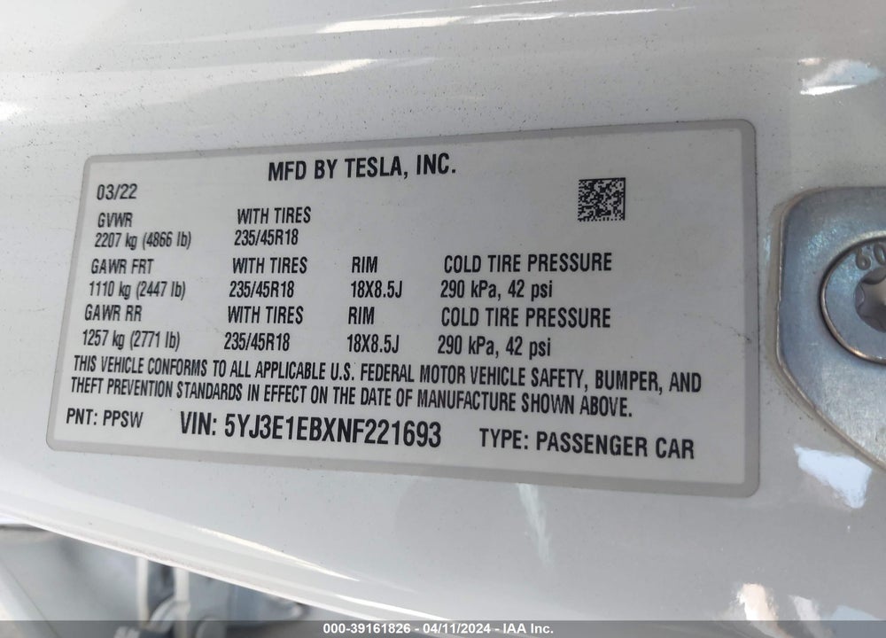 2022 TESLA MODEL 3 LONG RANGE DUAL MOTOR ALL-WHEEL DRIVE VIN: 5YJ3E1EBXNF221693