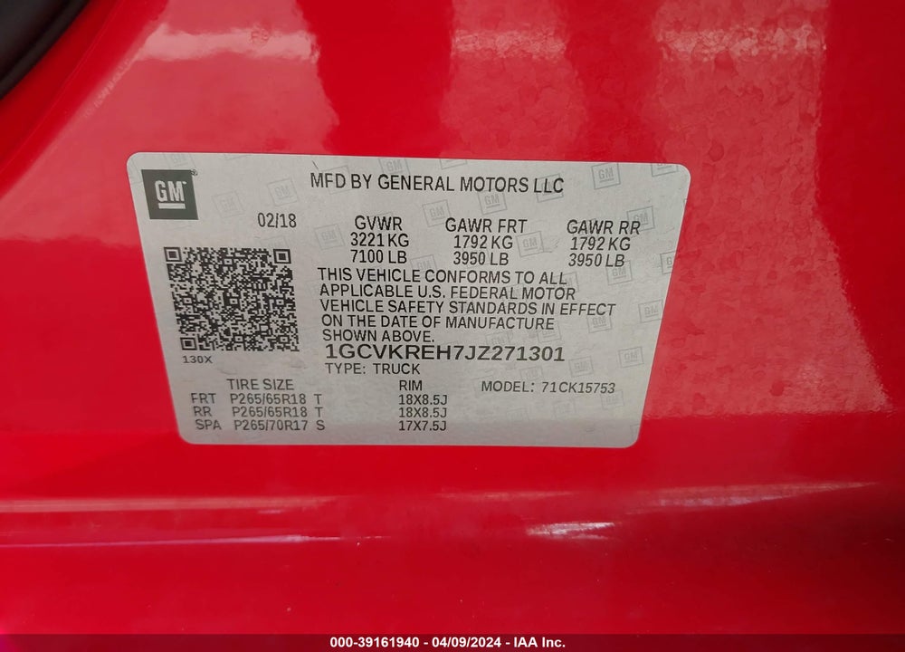 2018 CHEVROLET SILVERADO 1500 1LT VIN: 1GCVKREH7JZ271301