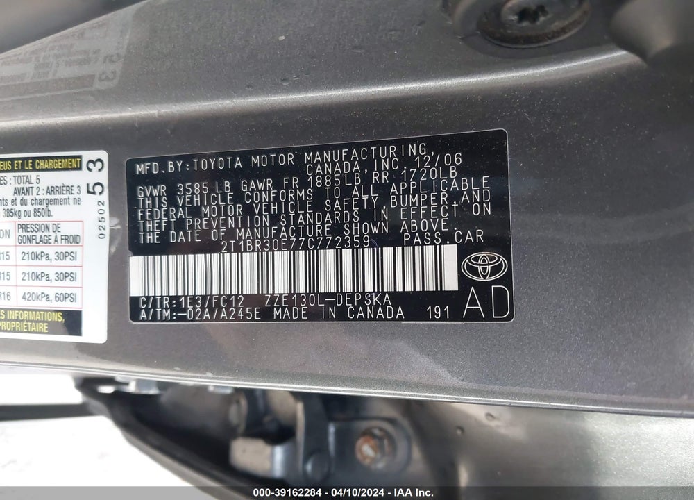 2007 TOYOTA COROLLA S VIN: 2T1BR30E77C772359
