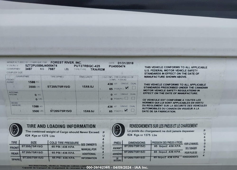 2018 PALOMINO OTHER VIN: 5ZT2PUSB6J4000474