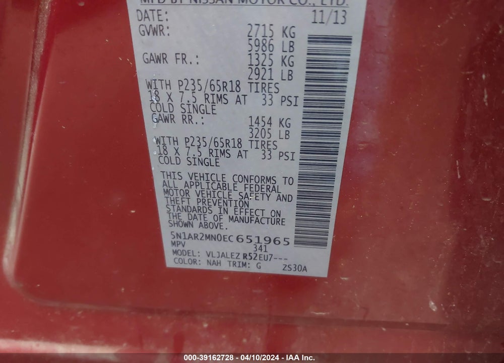 2014 NISSAN PATHFINDER SV VIN: 5N1AR2MN0EC651965