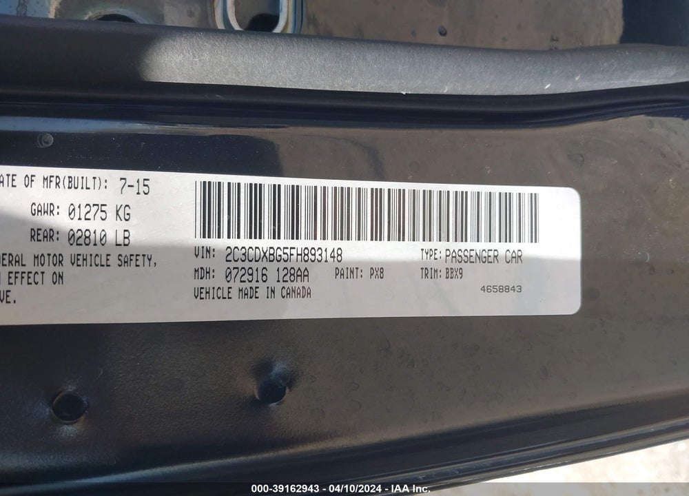 2015 DODGE CHARGER SE VIN: 2C3CDXBG5FH893148