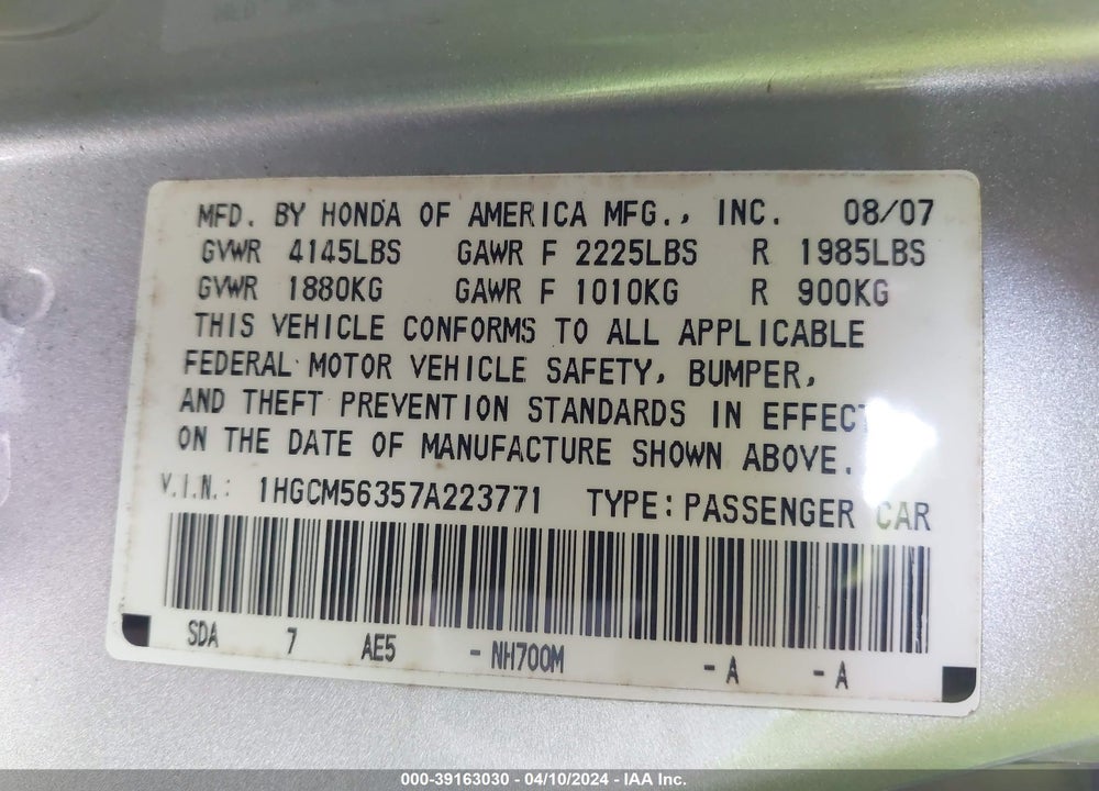 2007 HONDA ACCORD 2.4 SE VIN: 1HGCM56357A223771