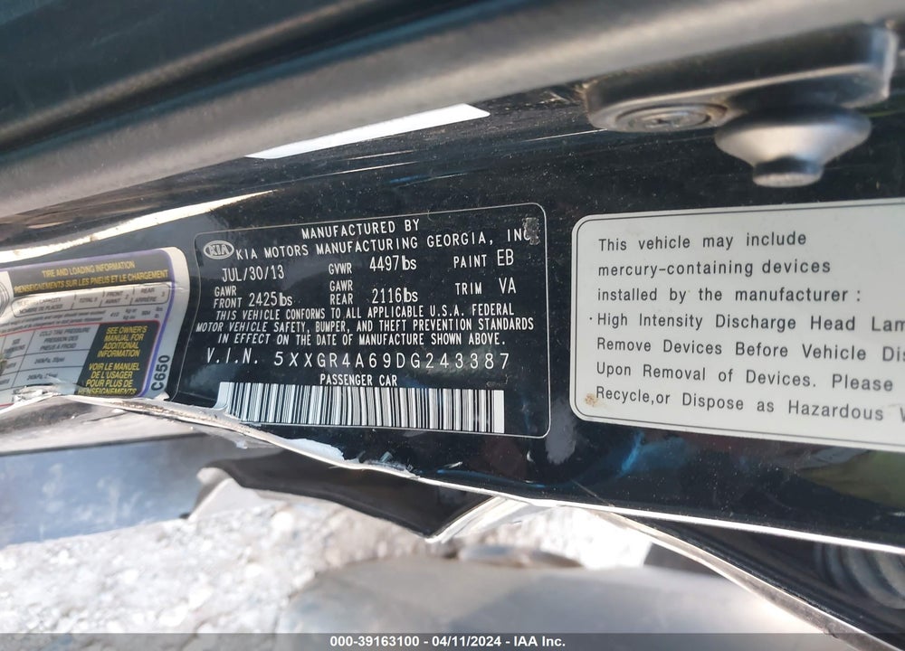 2013 KIA OPTIMA SX VIN: 5XXGR4A69DG243387