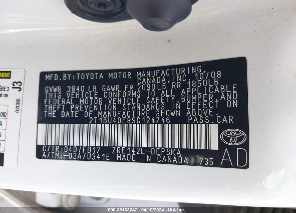 2009 TOYOTA COROLLA S VIN: 2T1BU40E89C124746