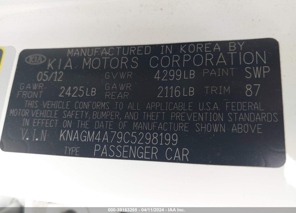 2012 KIA OPTIMA LX VIN: KNAGM4A79C5298199