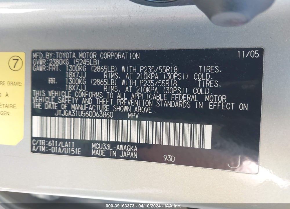 2006 LEXUS RX 330 VIN: JTJGA31U560063860