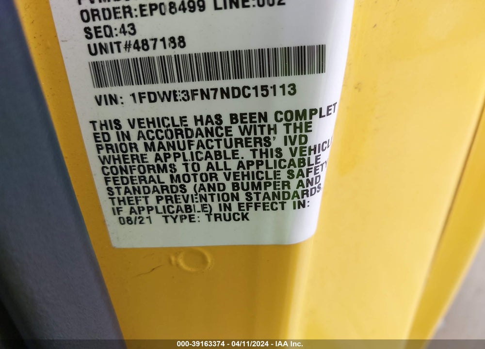 2022 FORD E-350 CUTAWAY VIN: 1FDWE3FN7NDC15113