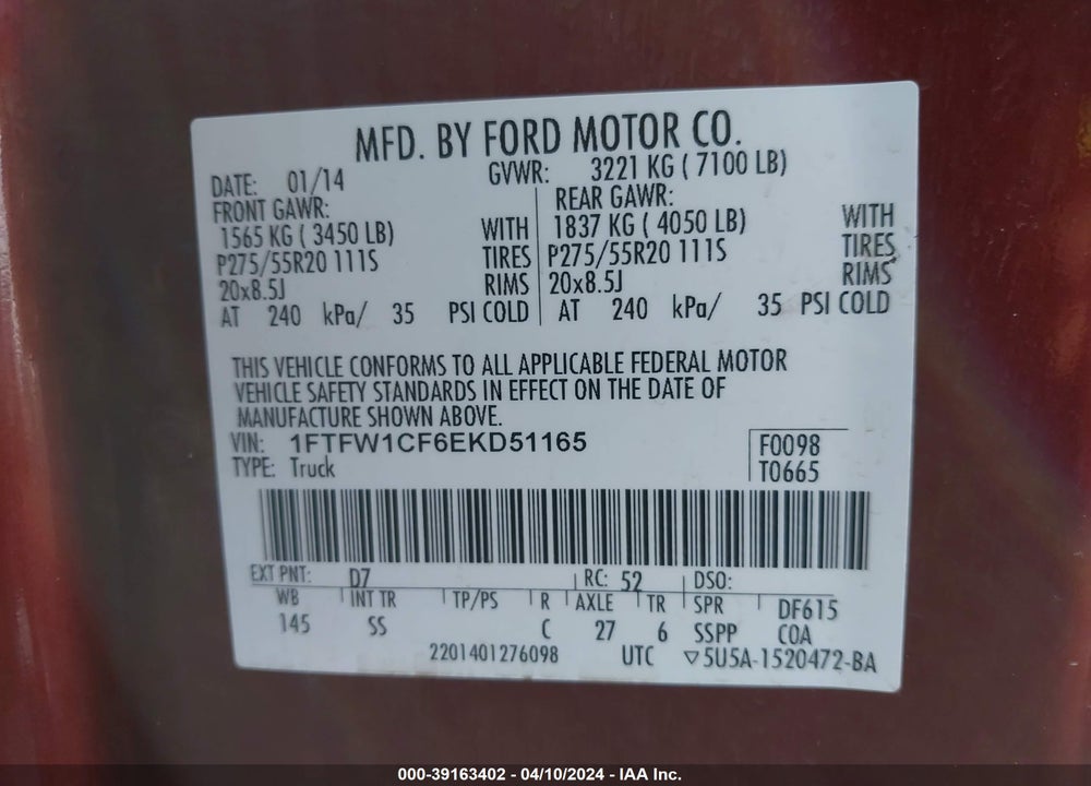 2014 FORD F-150 STX VIN: 1FTFW1CF6EKD51165
