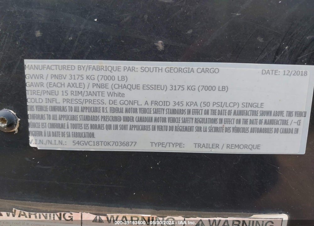 2019 SOUTH GA CARGO CARGO VIN: 54GVC18T0K7036877