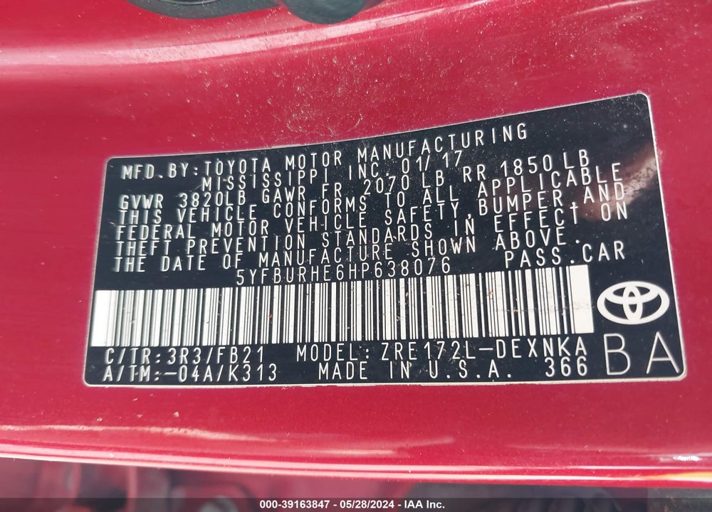 2017 TOYOTA COROLLA L/LE/XLE/SE/XSE VIN: 5YFBURHE6HP638076