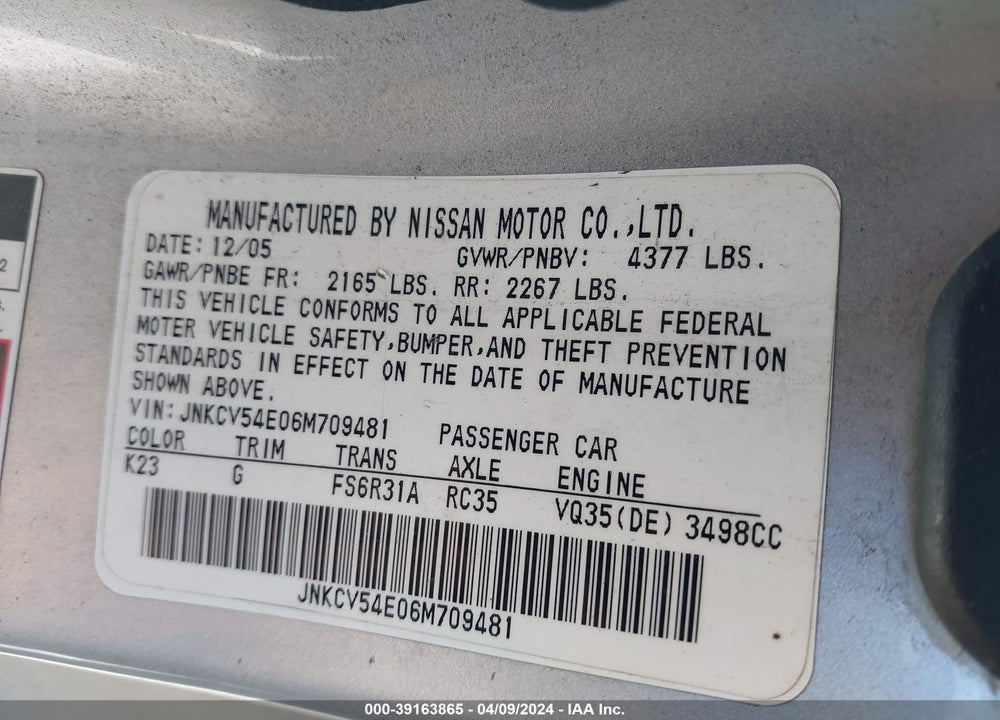 2006 INFINITI G35 VIN: JNKCV54E06M709481