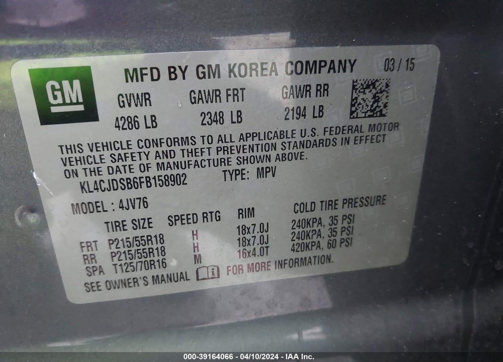 2015 BUICK ENCORE PREMIUM VIN: KL4CJDSB6FB158902