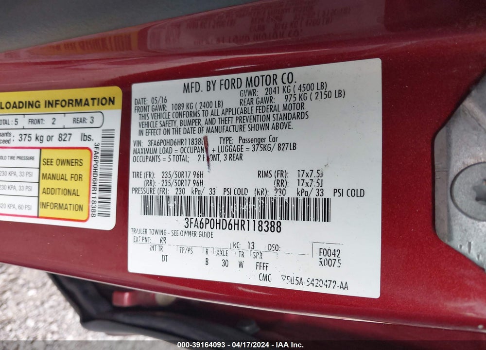 2017 FORD FUSION SE VIN: 3FA6P0HD6HR118388