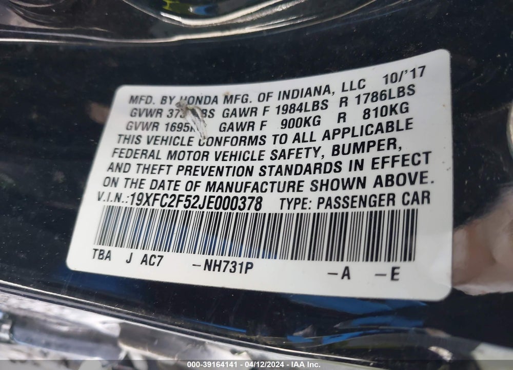 2018 HONDA CIVIC LX VIN: 19XFC2F52JE000378