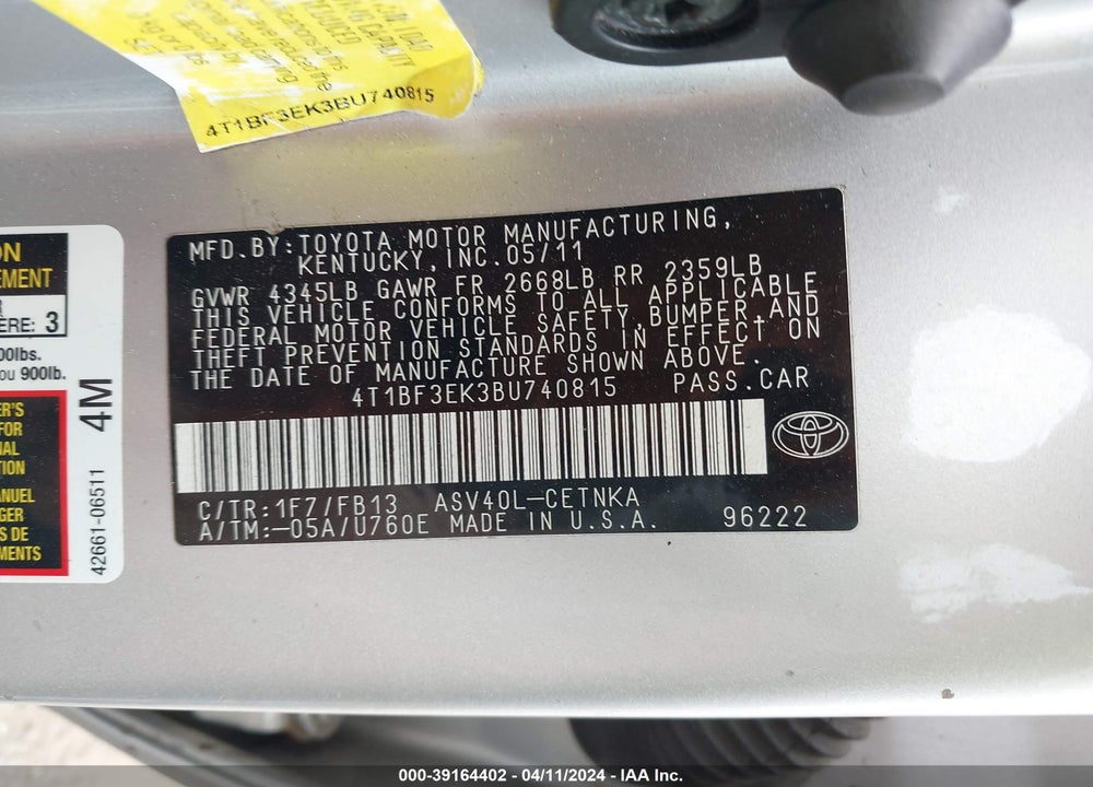 2011 TOYOTA CAMRY LE VIN: 4T1BF3EK3BU740815