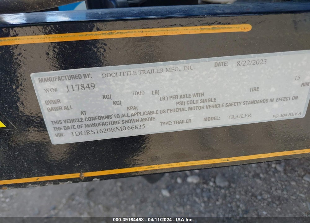 2024 DOOLITTLE TRAILER VIN: 1DGRS1620RM066835