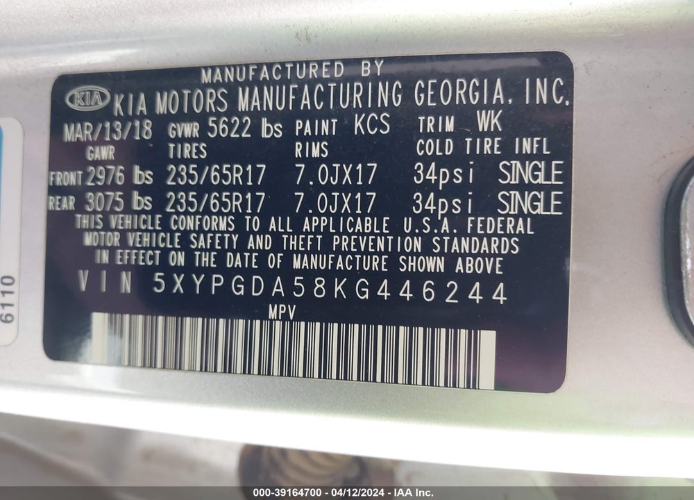 2019 KIA SORENTO 3.3L LX VIN: 5XYPGDA58KG446244