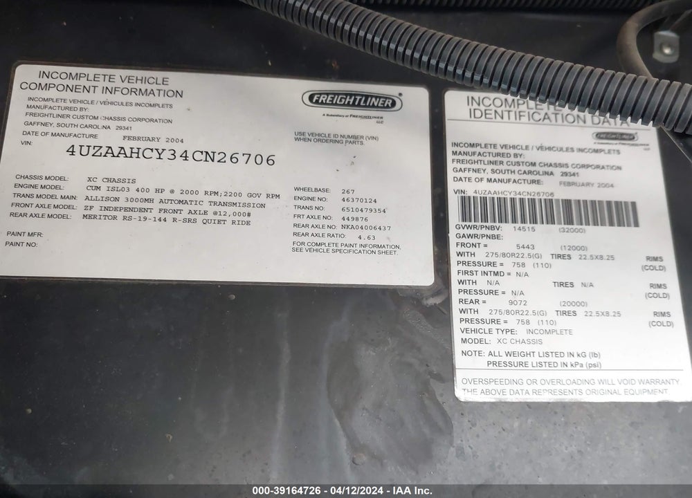 2004 FREIGHTLINER CHASSIS X LINE MOTOR HOME VIN: 4UZAAHCY34CN26706