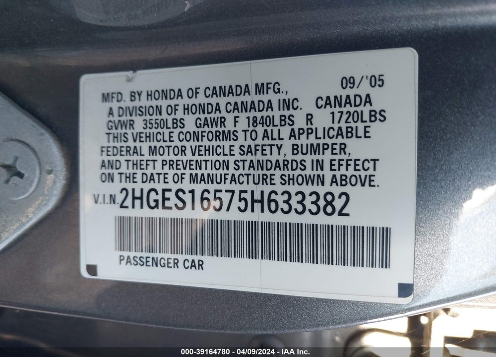 2005 HONDA CIVIC LX VIN: 2HGES16575H633382