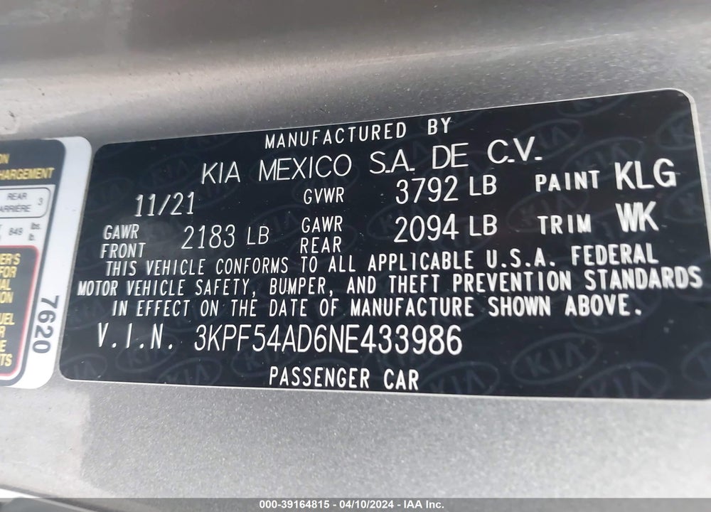 2022 KIA FORTE GT LINE VIN: 3KPF54AD6NE433986