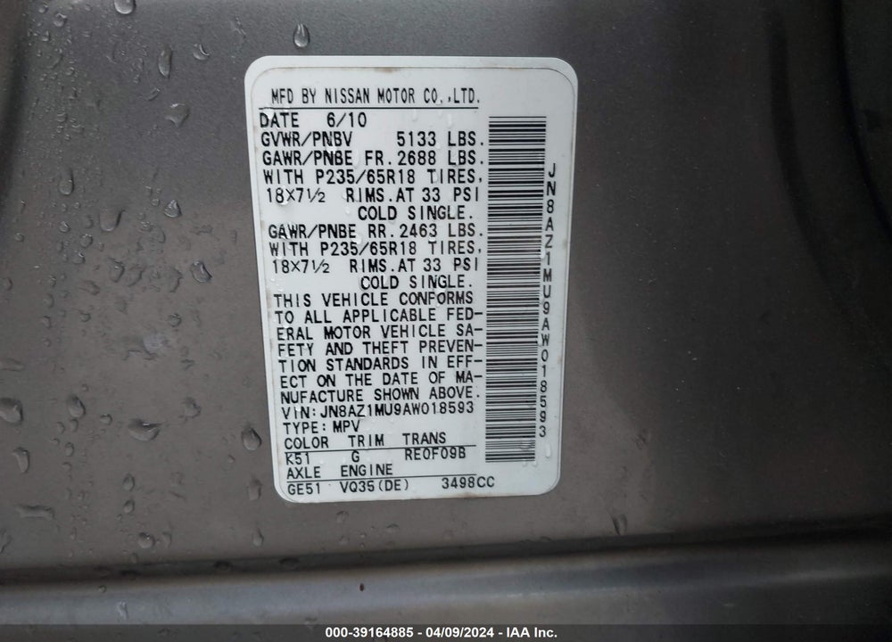 2010 NISSAN MURANO VIN: JN8AZ1MU9AW018593