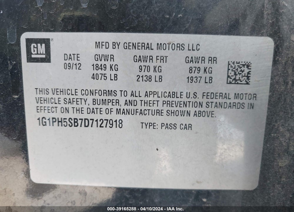 2013 CHEVROLET CRUZE ECO AUTO VIN: 1G1PH5SB7D7127918