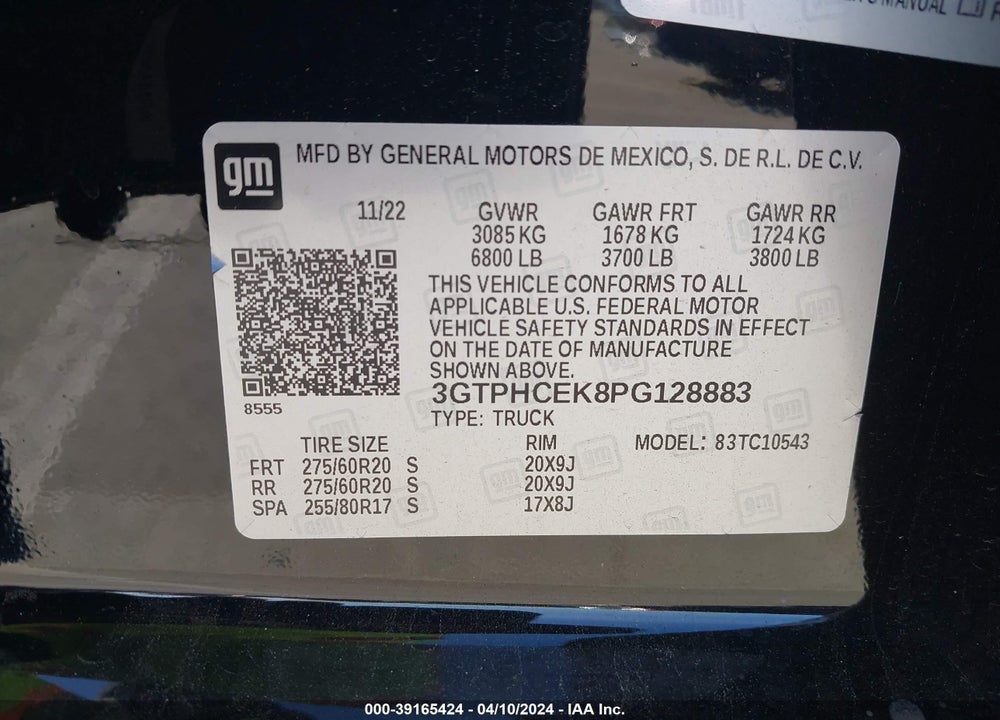 2023 GMC SIERRA 1500 VIN: 3GTPHCEK8PG128883