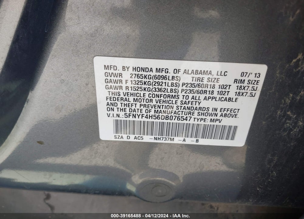 2013 HONDA PILOT EX-L VIN: 5FNYF4H56DB076547