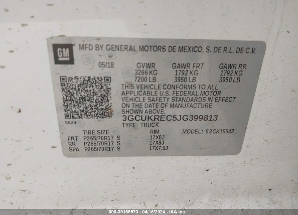 2018 CHEVROLET SILVERADO 1500 1LT VIN: 3GCUKREC5JG399813
