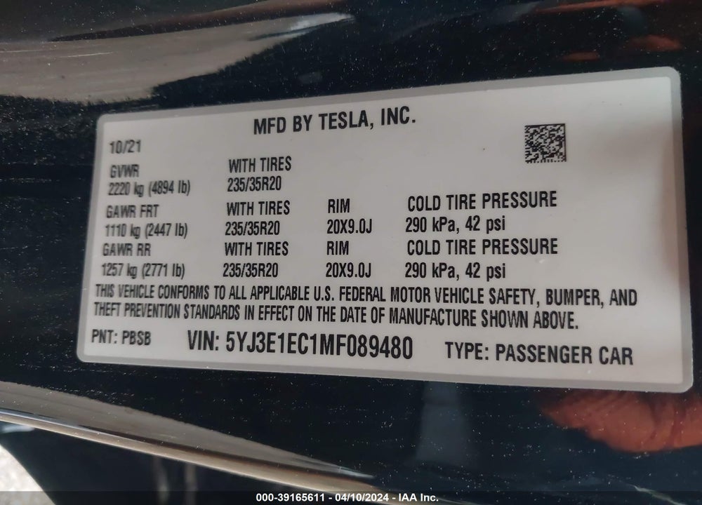 2021 TESLA MODEL 3 VIN: 5YJ3E1EC1MF089480